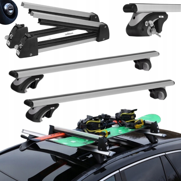 Set Portbagaj si Suport Schiuri AZILO EMC Alu Standard 120 cu Amos Ski Lock 3, pentru 3 perechi de schiuri sau 2 snowboard, Antifurt, Aluminiu