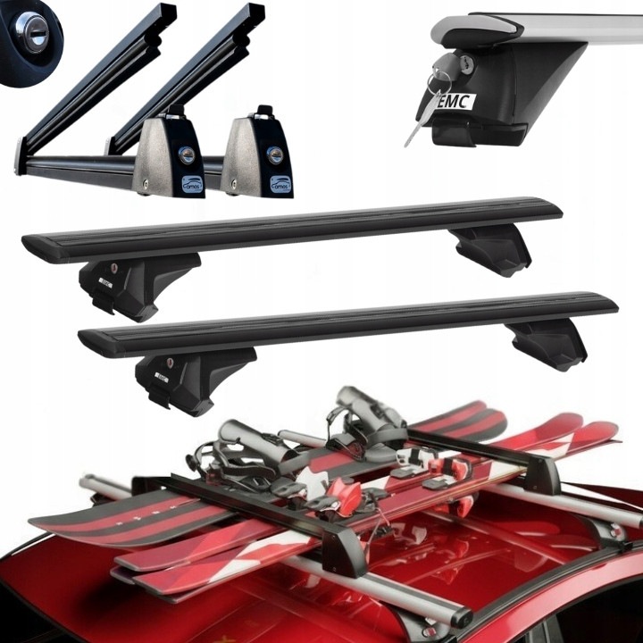 Set Portbagaj si Suport Schiuri AZILO EMC BLACK WING 120 cu Amos Ski Lock 5, pentru 5 perechi de schiuri sau 4 snowboard, Antifurt, Aluminiu