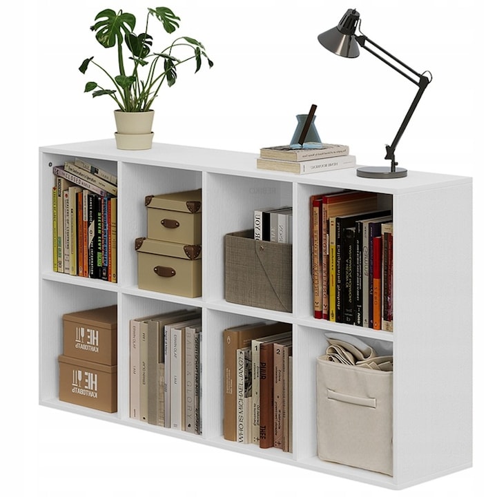 Biblioteca deschisa, comoda cub, 4x2, spatioasa, alba, pentru carti, birou, moderna BADU