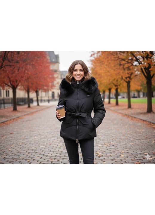 Geaca dama eleganta – Neagra, cu gluga si guler de blana detasabil, Negru