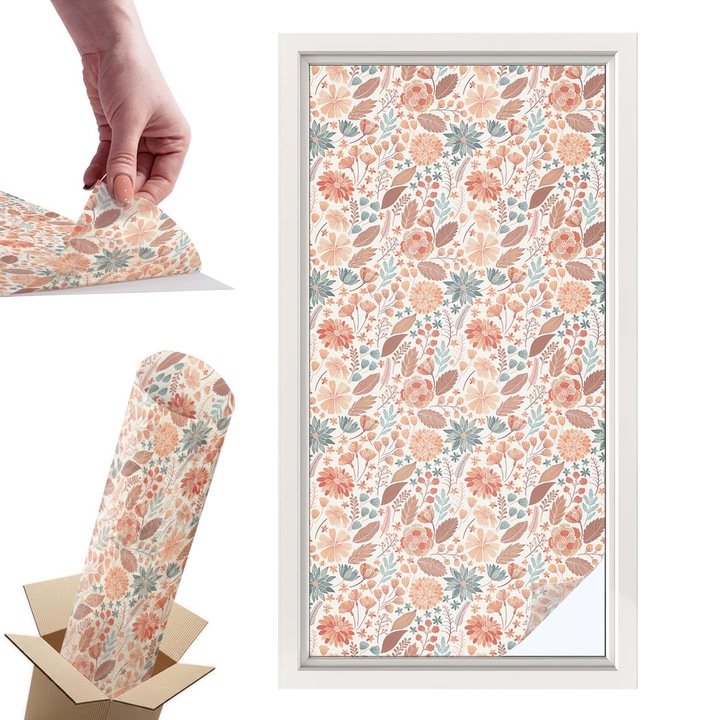 Folie Autoadeziva pentru Protectie Solara si Intimitate pentru Geam si Fereastra, Wallfluent, Aranjament floral, Bej, 50x100 cm, Blocare Solara, Autoadeziva Decorativ, 010450850010000011550
