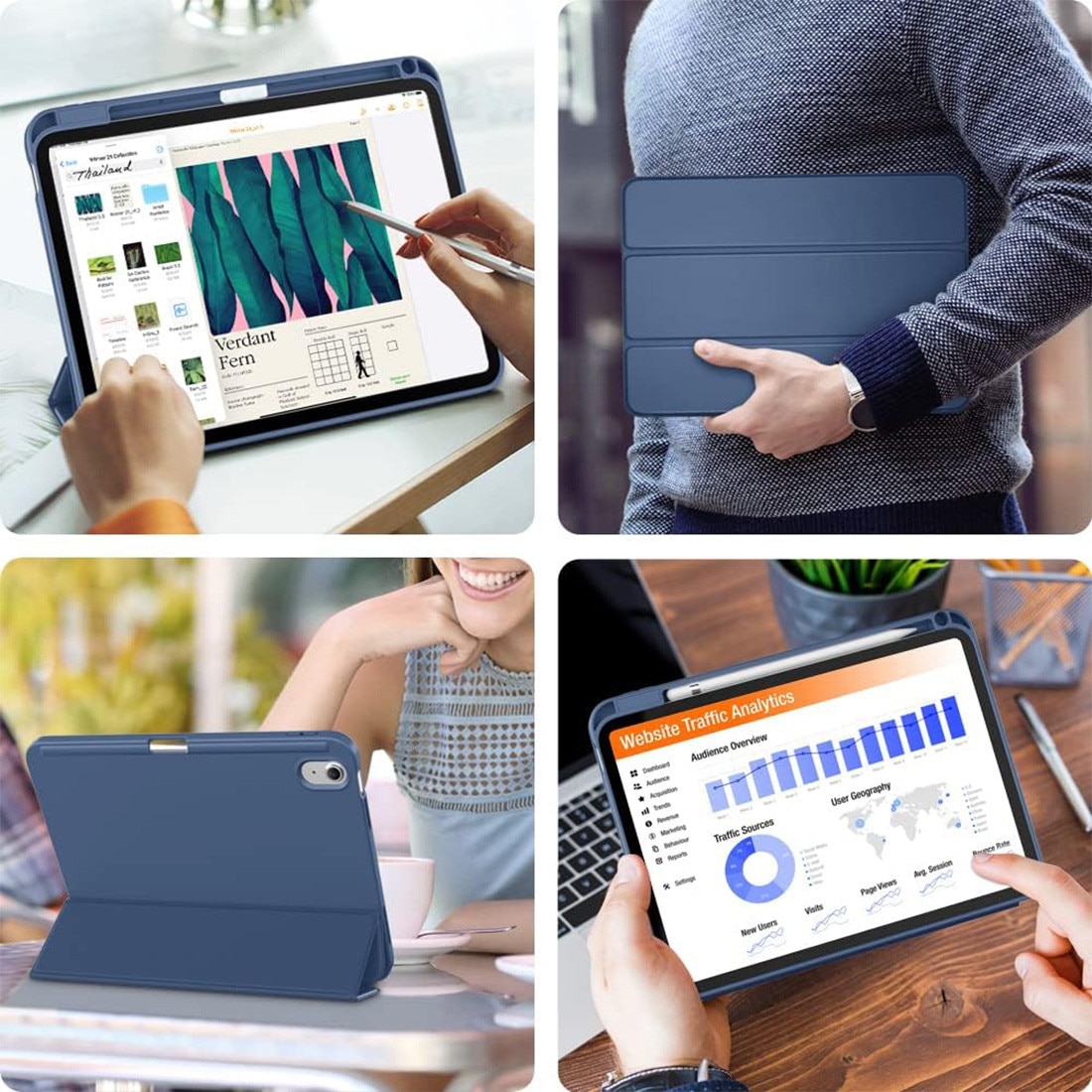 Husa de protectie pentru iPad (A16) 11 11 inch 2025, husa pentru iPad 10 10, 9 inch 2022, DEISNGB, cu suport pentru stilou, husa inteligenta cu suport pliabil in trei, husa spate ultra-subtire din TPU moale, Bleumarin