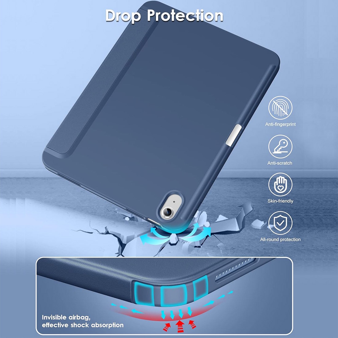 Husa de protectie pentru iPad (A16) 11 11 inch 2025, husa pentru iPad 10 10, 9 inch 2022, DEISNGB, cu suport pentru stilou, husa inteligenta cu suport pliabil in trei, husa spate ultra-subtire din TPU moale, Bleumarin