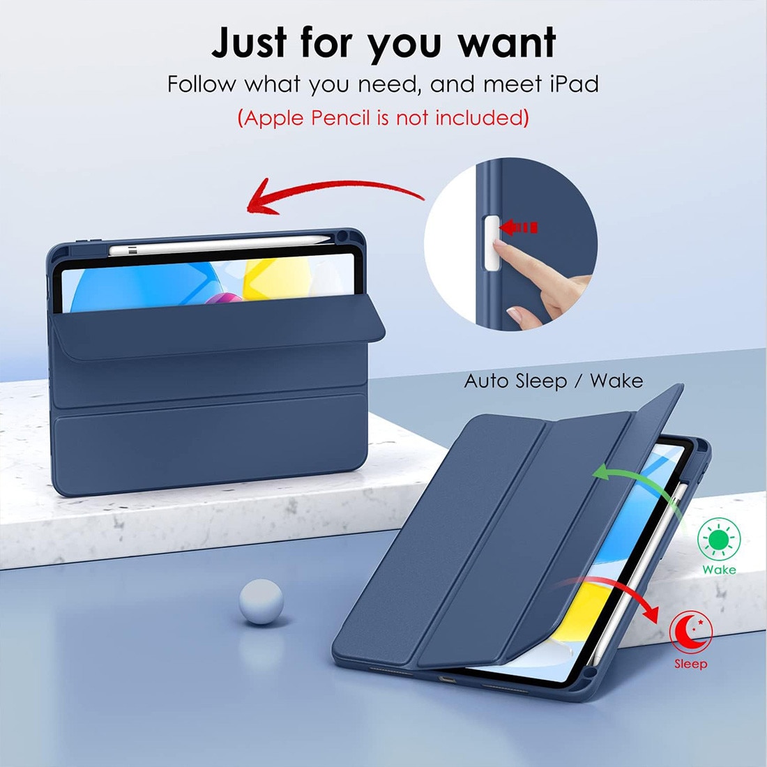 Husa de protectie pentru iPad (A16) 11 11 inch 2025, husa pentru iPad 10 10, 9 inch 2022, DEISNGB, cu suport pentru stilou, husa inteligenta cu suport pliabil in trei, husa spate ultra-subtire din TPU moale, Bleumarin