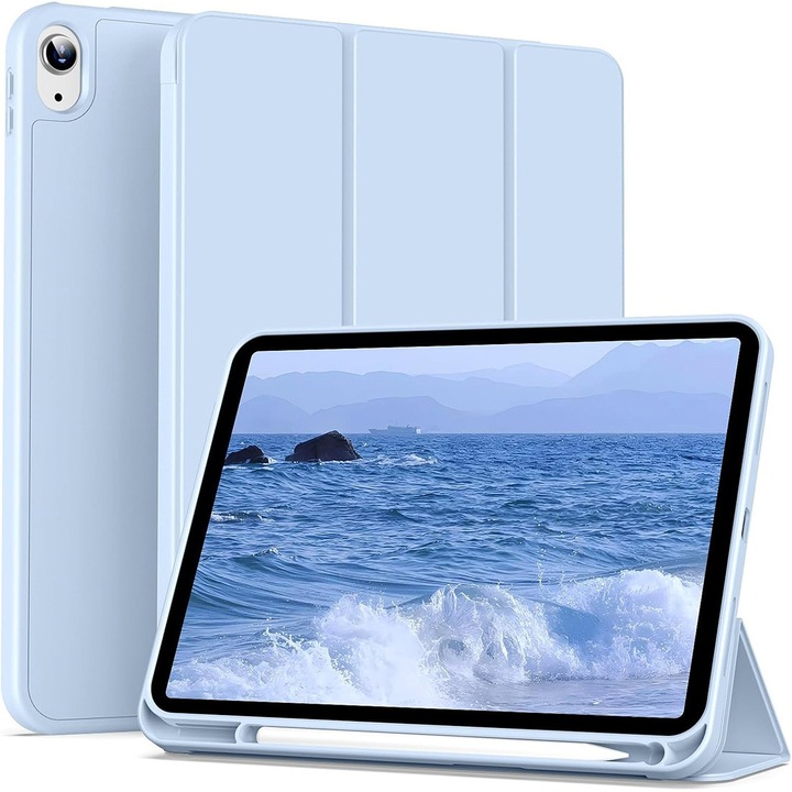 Husa de protectie pentru iPad (A16) 11 11 inch 2025, husa pentru iPad 10 10, 9 inch 2022, DEISNGB, cu suport pentru stilou, husa inteligenta cu suport pliabil in trei, husa spate ultra-subtire din TPU moale, Albastru deschis