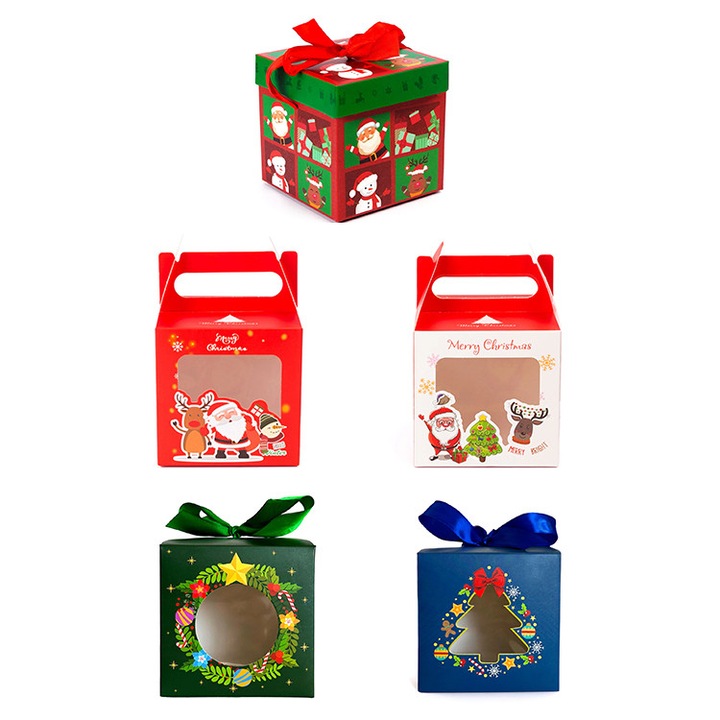 Set 5 cutii patrate Craciun, culori asortate, 10x10x10cm