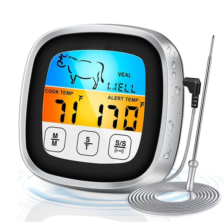 Termometru Digital de Cuptor, Wacorresi, Termometru de Carne Digital de Ecran Tactil, Citire 1 Secunda, Temporizator, Alarma, Suport Magnetic, Sonda Inox Rezistenta la Apa cu Lungime Cablu 1 m, pentru Gratar, Cuptor, BBQ, Argintiu/Negru