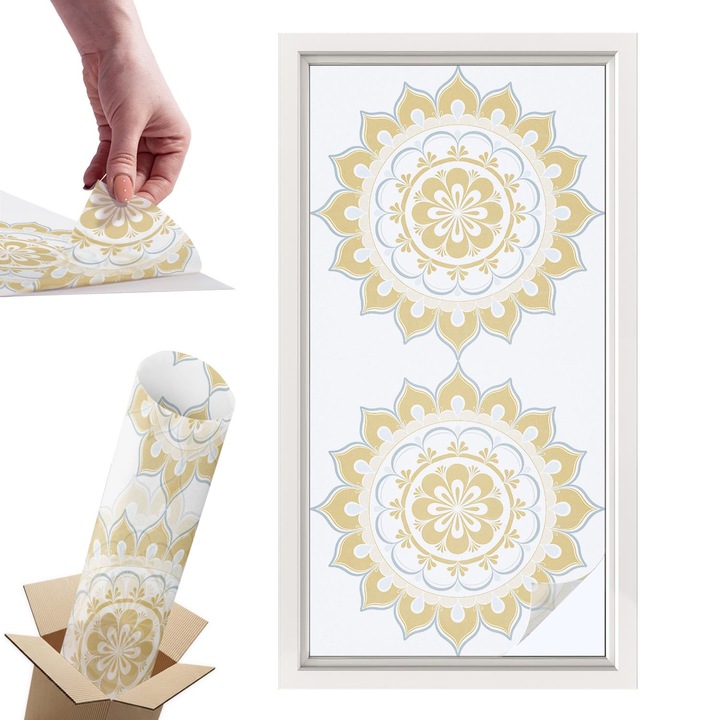 Самозалепващо декоративно фолио, Wallfluent, Флорална мандала, Бяло, 50 x 100 cm, с ефект на витраж, За Шкафове, Врати, Стени, Гладки Повърхности, 010450850010000283120