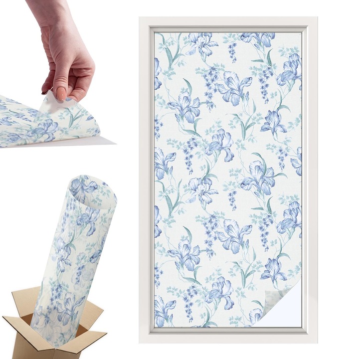 Декоративно фолио за прозорци, Wallfluent, Сини цветя, Светлосин, 50 x 100 cm, с ефект на витраж, PVC, 010450850010000288821