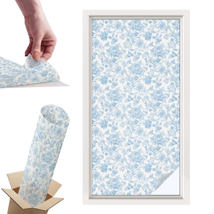 Декоративно фолио за прозорци, Wallfluent, Флорален модел, Бяло, 50 x 100 cm, с ефект на витраж, Слънчева защита и поверителност, 010450850010000288839