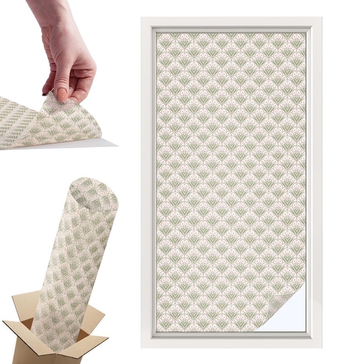 Самозалепващо декоративно фолио, Wallfluent, Растителни орнаменти, Бяло, 50 x 100 cm, с ефект на витраж, Слънчева защита и поверителност, 010450850010000288850
