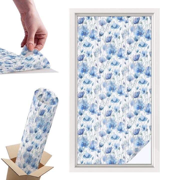 Декоративно фолио за стъкла и прозорци, Wallfluent, Акварелни цветя, Светлосин, 50 x 100 cm, с ефект на витраж, Слънчева защита и поверителност, 010450850010000288822