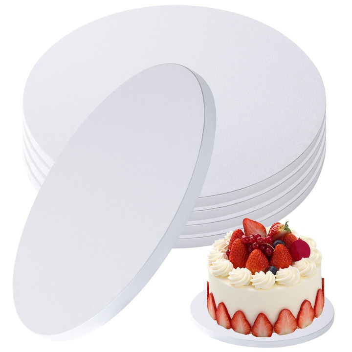 Set 5 Platforma tort rotunda, Bedee, Diametru 30 cm, grosime 1, 2 cm, Poate fi folosit pentru a sustine produse de patiserie precum prajituri, paine, pizza, forme de desert, Alb