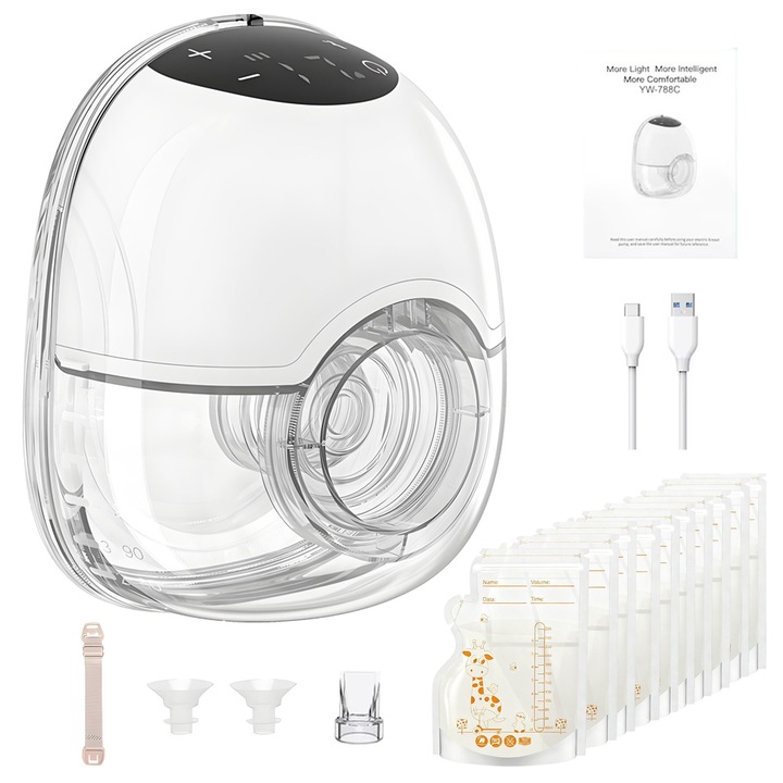 Omelivon® elektromos mellszívó, hordozható, 19/21/24 mm-es perembetéttel, diszkrét a melltartó alatt, 4 üzemmód, 12 intenzitási szint, BPA-mentes, alacsony zajszint, 10 tejtároló zacskó, LED érintőképernyő, fehér