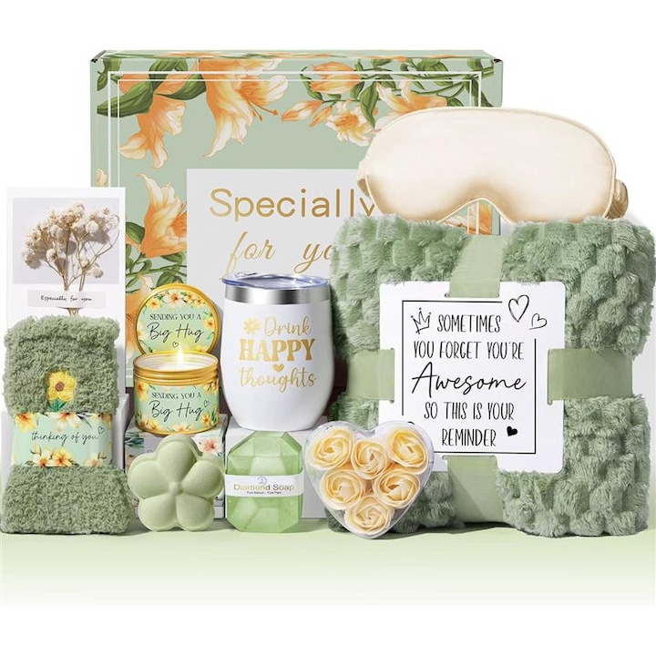 Подаръчен комплект Premium за жени, Giftry®, 10 части, Пухкаво одеяло, Спа ванилия-кокос, Ароматна свещ, Термос от неръждаема стомана, Сапун, Бомбичка за баня, Чорапи, Сатенена маска, Поздравителна картичка, Елегантна кутия, Зелен