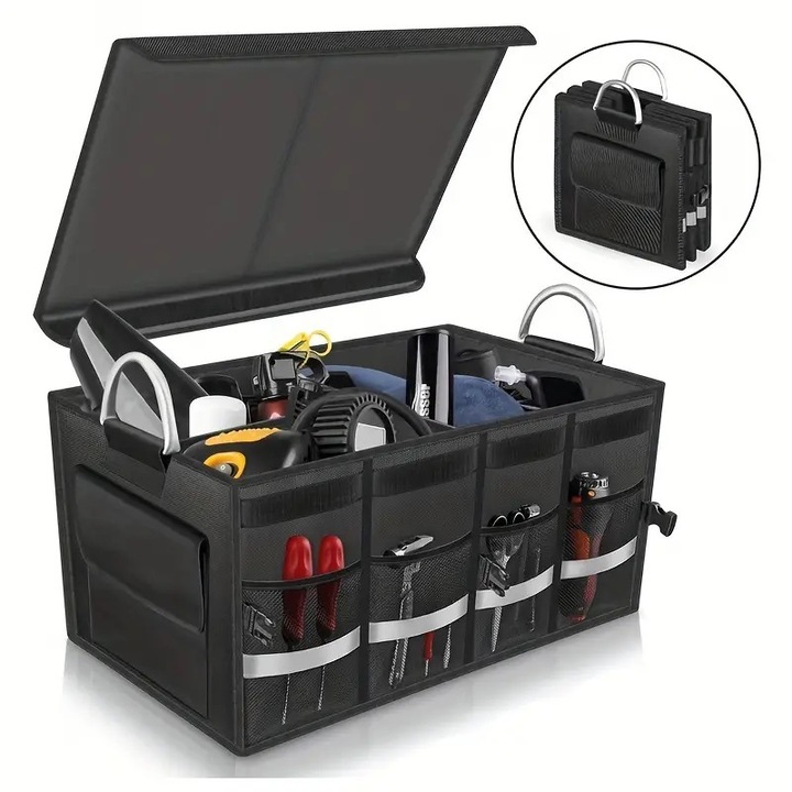 Cutie de depozitare pentru portbagaj Omelivon® cu capac, organizator pliabil cu mai multe compartimente, capacitate de 60 litri, tesatura Oxford 1680D, dimensiuni: 57 x 33, 5 x 29 cm, potrivita pentru masini, SUV-uri, camioane, furgonete, negru