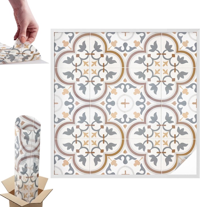 Folie geam intimitate, Wallfluent, Ornamente cu faianta, Alb, 100x100 cm, Protectie Solara si Intimitate, Autoadeziva Decorativ, 010450850020000283307