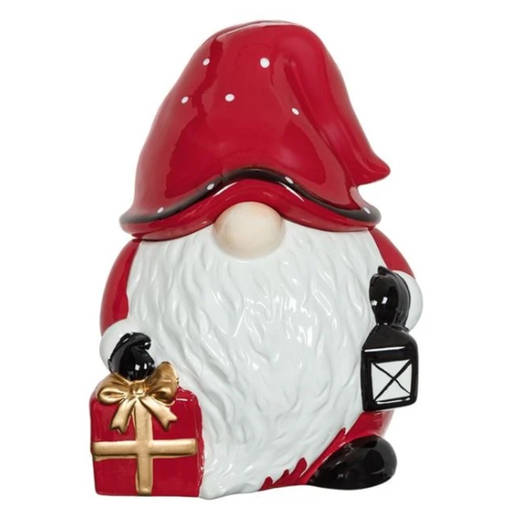 Recipient Ceramic AB HOMES pentru Biscuiti 18x17x25cm, Gnome de Craciun cu Cadou si Felinar, Decor Festiv