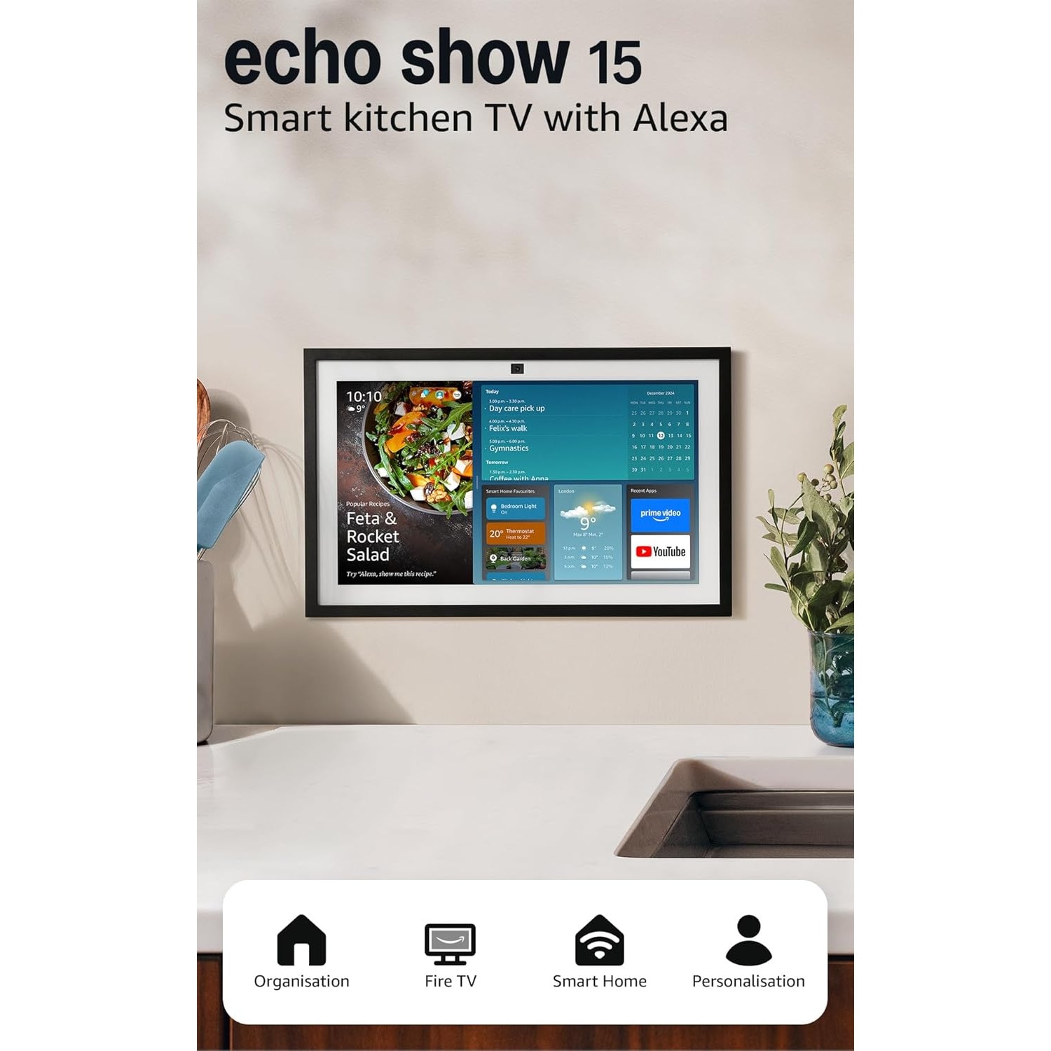 Smart display Amazon Echo Show 15 gen 2, Control voce Alexa, Fire