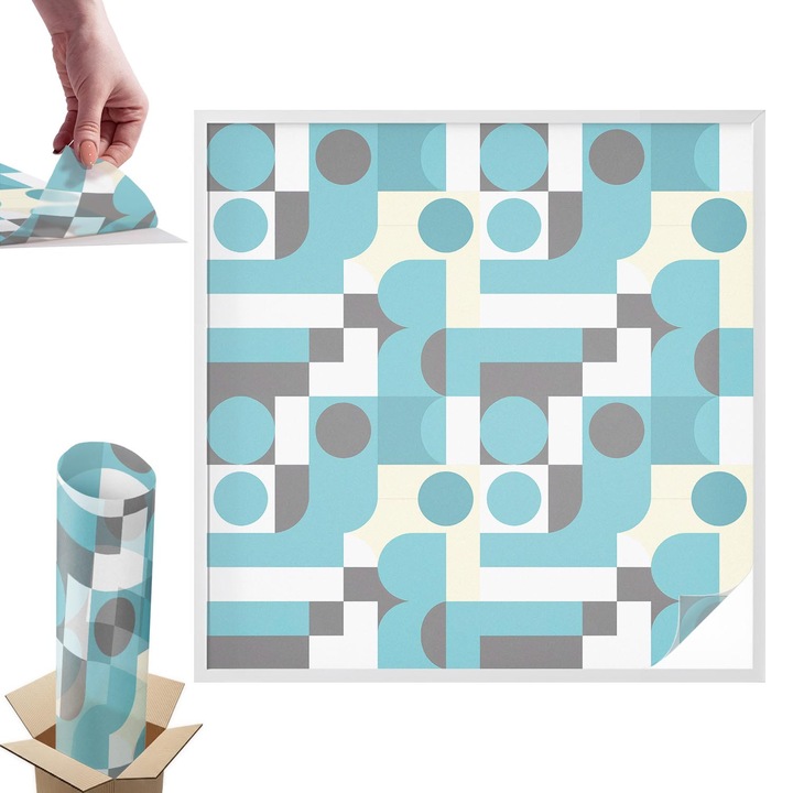 Dekoratív ablakfólia, Wallfluent, Geometriai minták, Türkiz, 100x100 cm, Dekoratív, Zuhanyzóhoz, Ajtókhoz és Ablakokhoz, Intimvédelem és UV-védelem, 010450850020000282933