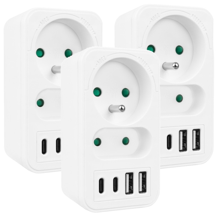 Set 3x splitter Maclean MCE249 F/W alb cu 2 prize (C + E), 2x USB-A, 2x USB-C PD 20W, incarcare rapida, 3680W, protectie pentru copii, design compact