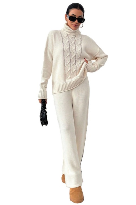 Set Dama, Pulover Cu Gat Inalt si Pantaloni, Casual, Tricotat, Bej