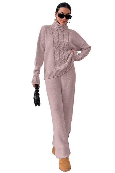 Set Dama, Pulover Cu Gat Inalt si Pantaloni, Casual, Tricotat, Roz prafuit