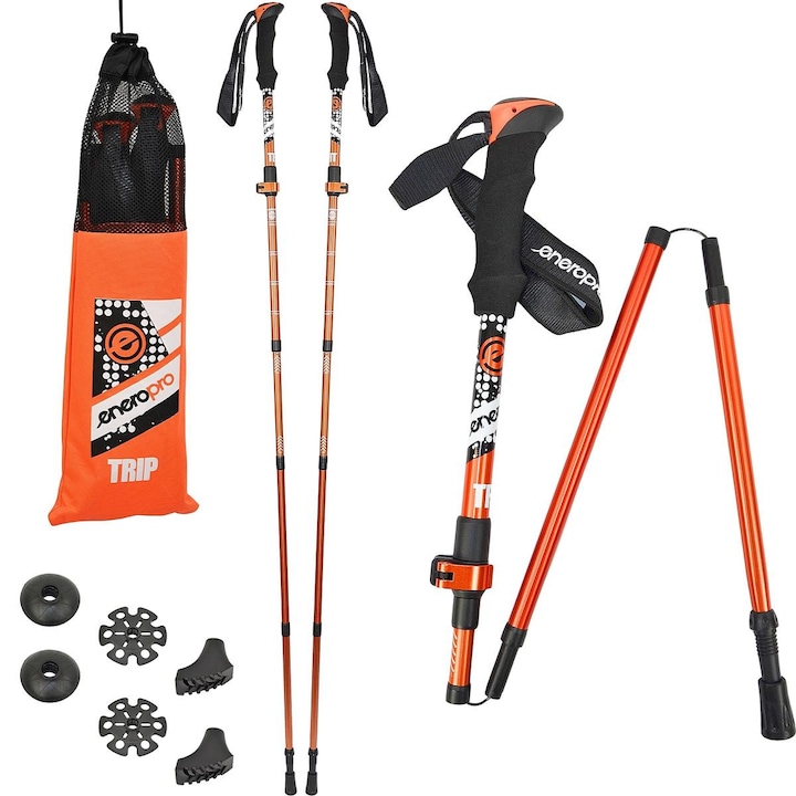 Set 2 x bete pliabil nordic walking travel Enero ProTrip, in coperta, 115-130 cm, verde - negru, cu 4x capete de cauciuc