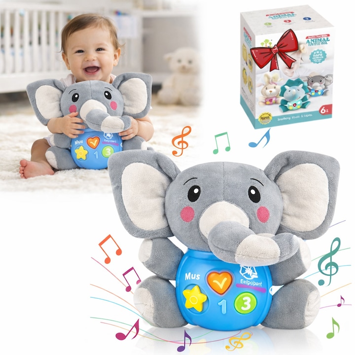 Jucarie pentru Bebelusi, Elefant de Plus, cu Sunete si Lumini, pentru Fete si Baieti, Bebelusi de 3 luni-12 luni, 1 an, 2 ani, Gri，Anul Nou Cadou, BIGLISTENING®