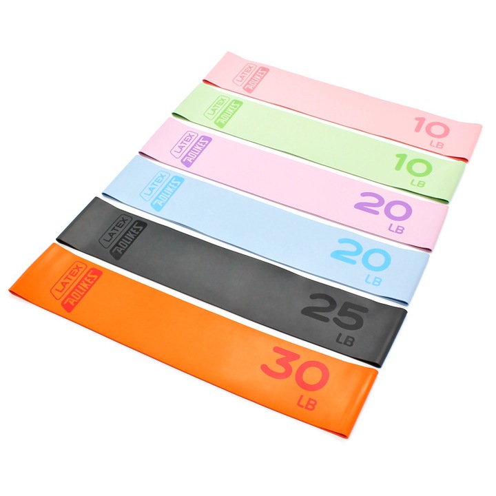 Joga latex ellenállás-szalagok szett, 6 darab, csípő- és lábemelő gyűrűkkel