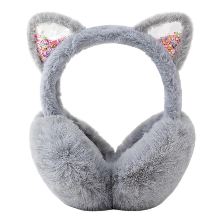 Caciuli dama set, caciuli cu urechi de pisica, gri, pentru iarna