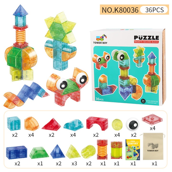 Set 36 blocuri de constructie magnetice 3D, geometrice, jucarie DIY pentru educatie timpurie