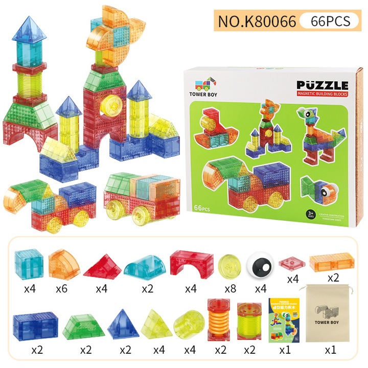 Set 66 blocuri de constructie magnetice 3D, geometrice, multicolor