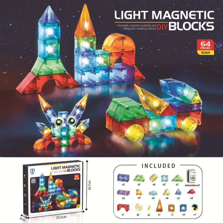 Комплект от 64 3D магнитни строителни блокчета с цветни светлини, геометричен модел, за ранно образование