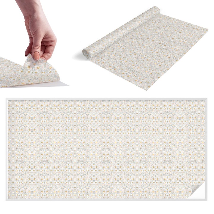 Folie Autoadeziva pentru Protectie Solara si Intimitate pentru Geam si Fereastra, Wallfluent, Simetria florala, Alb, 200x100 cm, Blocare Solara, Autoadeziva Decorativ, 010450850030000288799