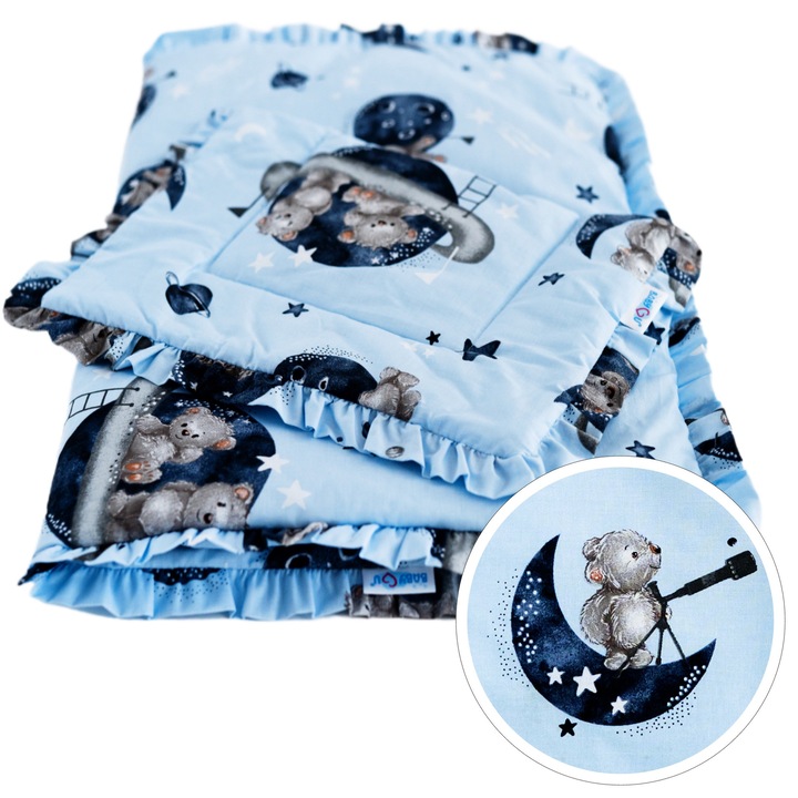 Set paturica calduroasa si pernuta BabyU, Model LUNA, cu volane, bumbac, antialergic, umplutura siliconica, paturica 75x55 cm, pernuta 35x25 cm