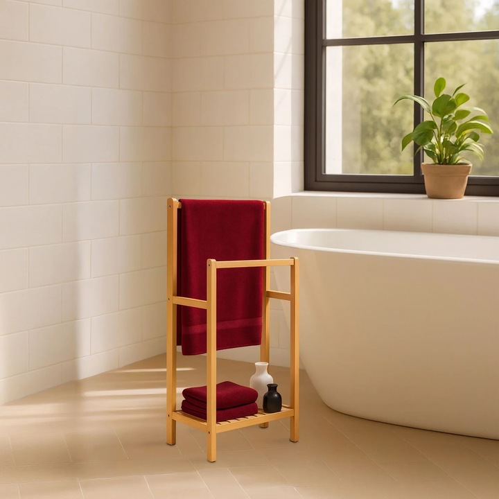 Бамбукова поставка за хавлии с 2 релси и рафт