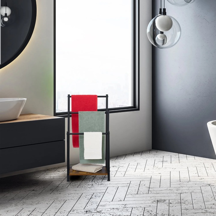 Suport pentru prosoape cu 3 bare si polita cu efect de lemn