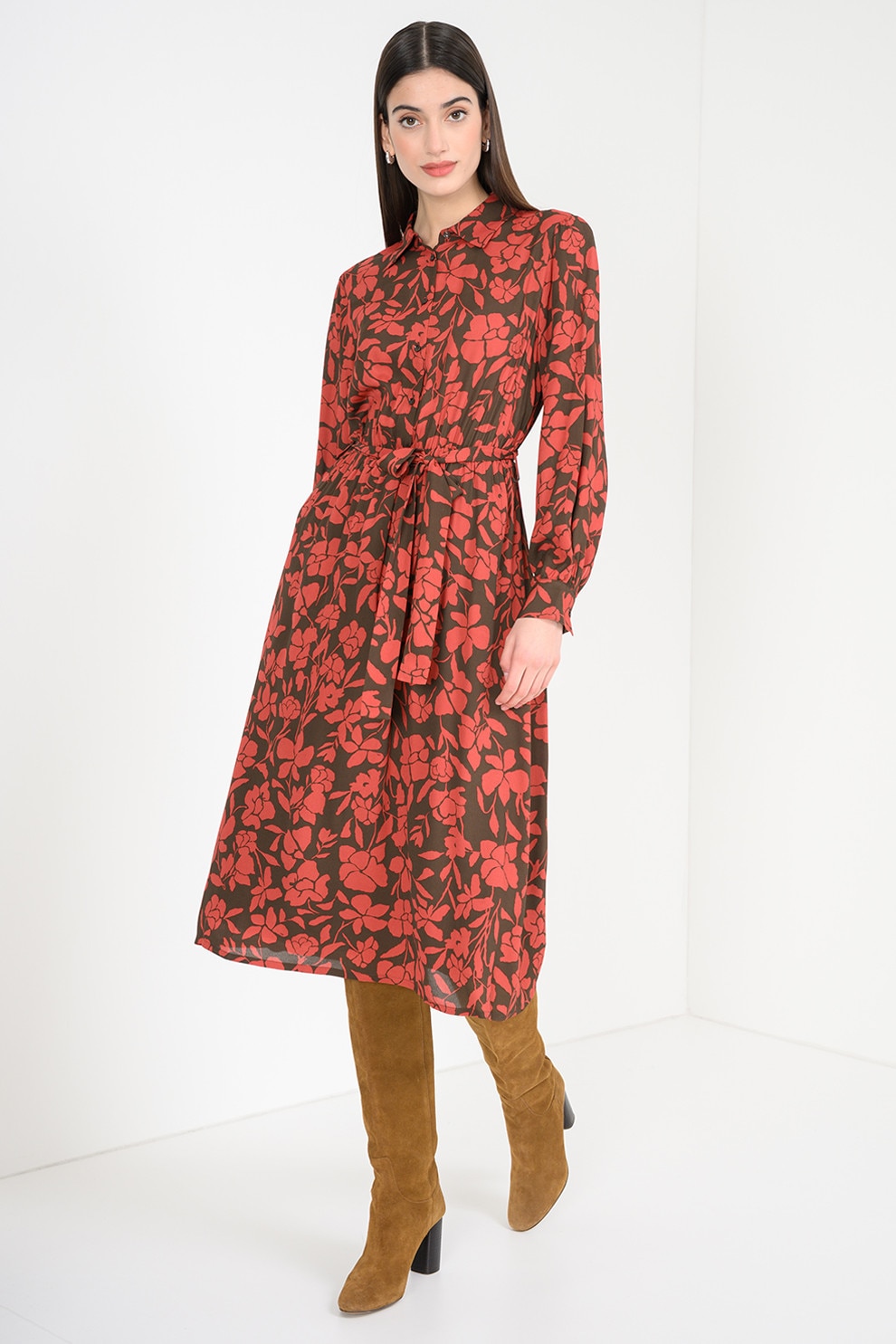 United Colors of Benetton, Rochie cu guler clasic si model floral, Rosu inchis, Negru stins, S