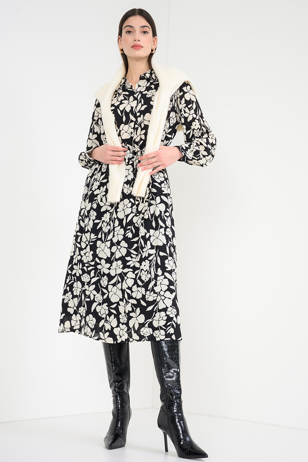 United Colors of Benetton, Rochie cu guler clasic si model floral, Alb fildes, Negru, XS