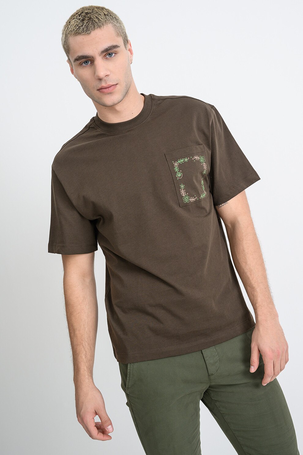 United Colors of Benetton, Tricou din bumbac cu buzunar pe partea din fata, Verde pal, Maro fango, L