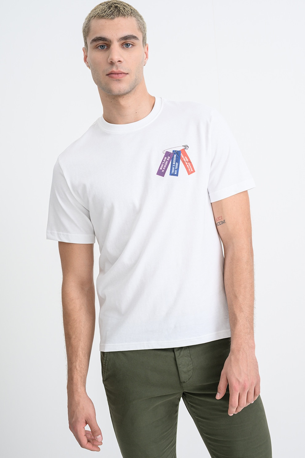 United Colors of Benetton, Tricou din bumbac cu design text, Alb, Violet, Bleumarin, L