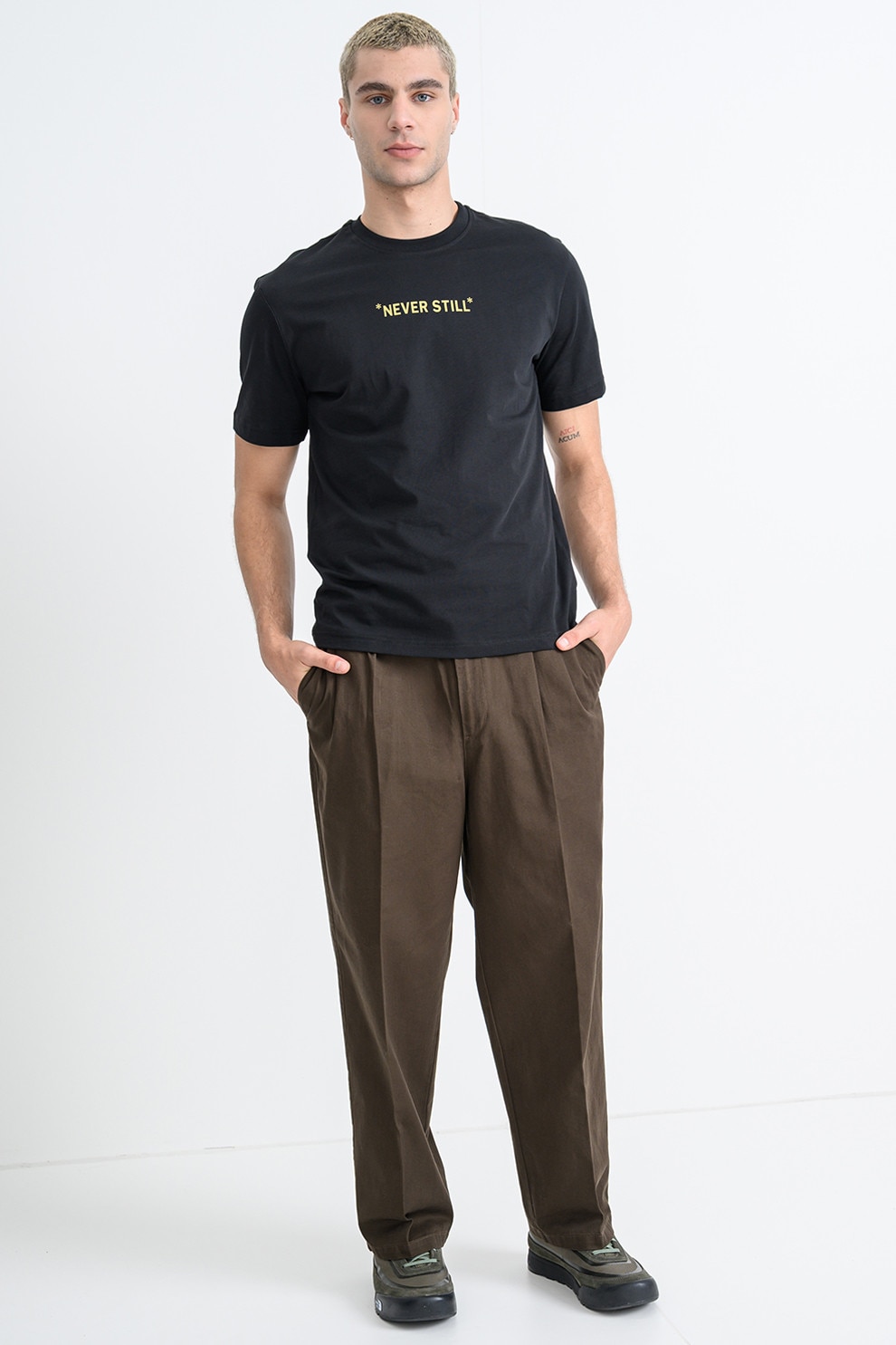 United Colors of Benetton, Tricou din bumbac cu imprimeu pe partea din spate, Negru, Galben, Alb murdar, M