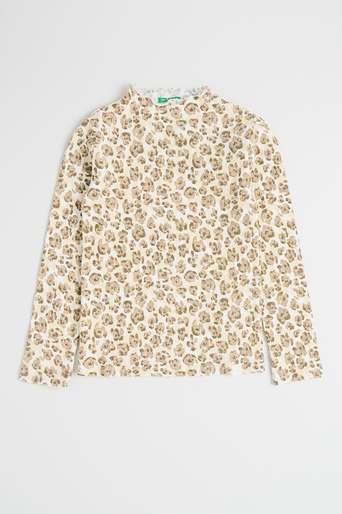 United Colors of Benetton, Bluza din amestec de bumbac cu imprimeu, Maro taupe deschis/Alb murdar
