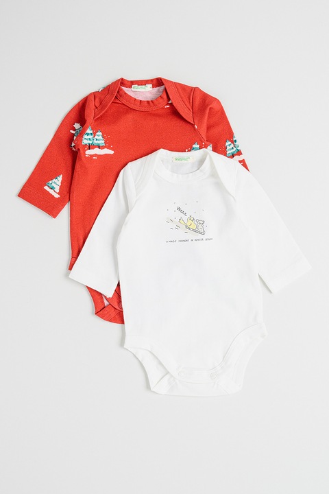 United Colors of Benetton, Set de body-uri din amestec de bumbac cu model -2 piese, Rosu inchis/Alb murdar