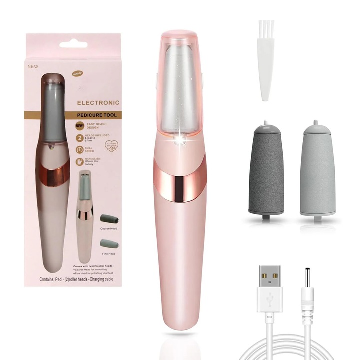 Elektromos sarok- és talpreszelő, újratölthető, szívó funkcióval, 2 csiszolófejjel, ideális megkeményedett bőrre és repedezett sarkakra, Elektromos bőrkeményedés eltávolító, újratölthető