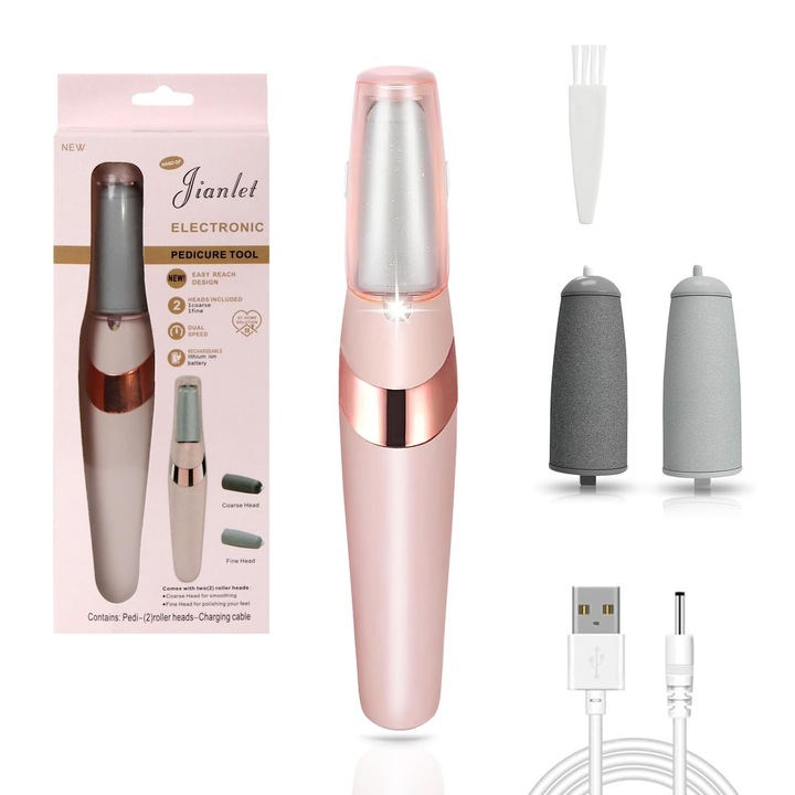 Elektromos sarok- és talpreszelő, újratölthető, szívó funkcióval, 2 csiszolófejjel, ideális megkeményedett bőrre és repedezett sarkakra, Elektromos bőrkeményedés eltávolító, újratölthető