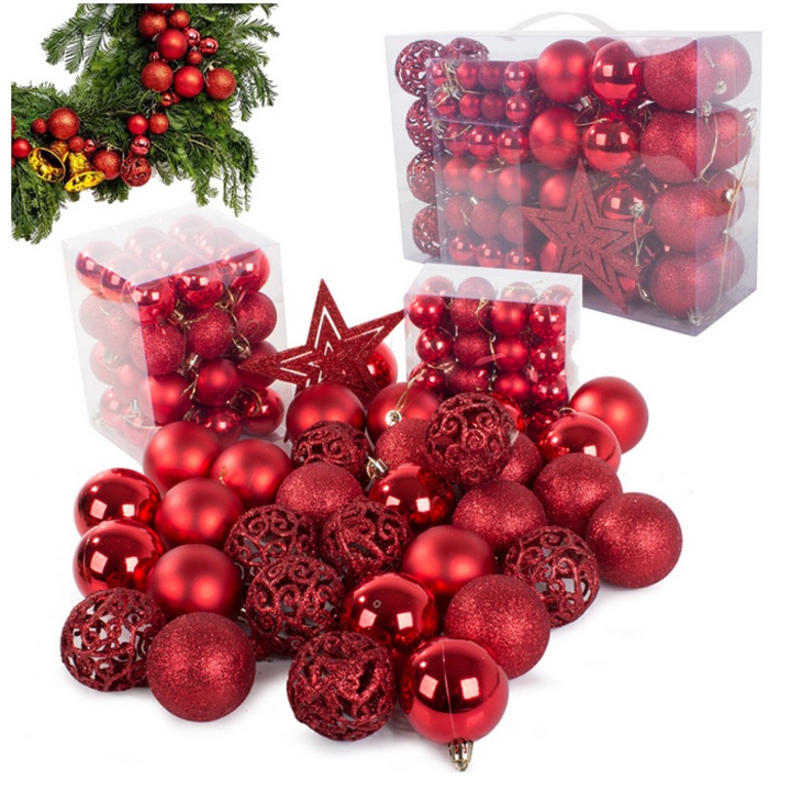 Set 100 globuri de Crăciun AB HOMES, diverse forme și dimensiuni, roșu, 3x6cm, include stea din Betleem