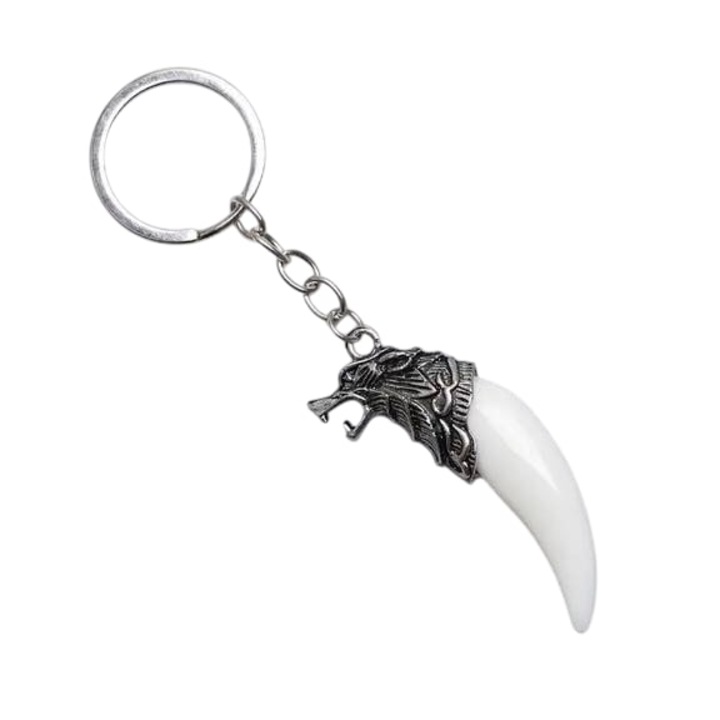 Vagány fiú, férfi kulcstartó, imitált farkasfog, csont, farkas, fehér, 11,5 cm r243