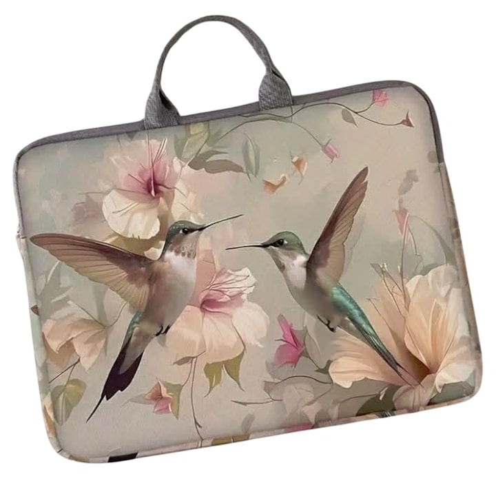 Laptop táska, laptopvédő huzat, tok, cipzáros, könnyed, egyszerű, védőhuzat, iskolába is gyerekeknek, fiataloknak, hölgyeknek munkába, csodás mintákkal, kolibri, virág motívum, 26x38 cm, 10,26x14,6 inch r443